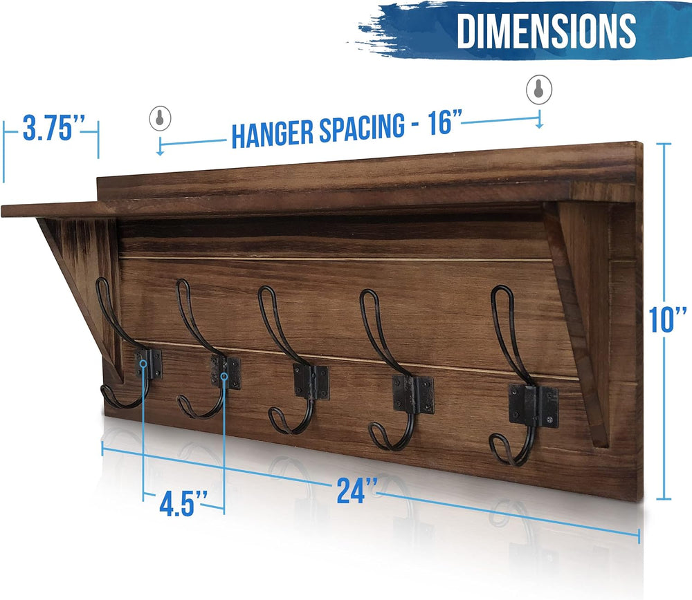 HBCY Creations Rustic Brown Solid Wood Wall Mounted Coat Rack with Shelf, 5 H...