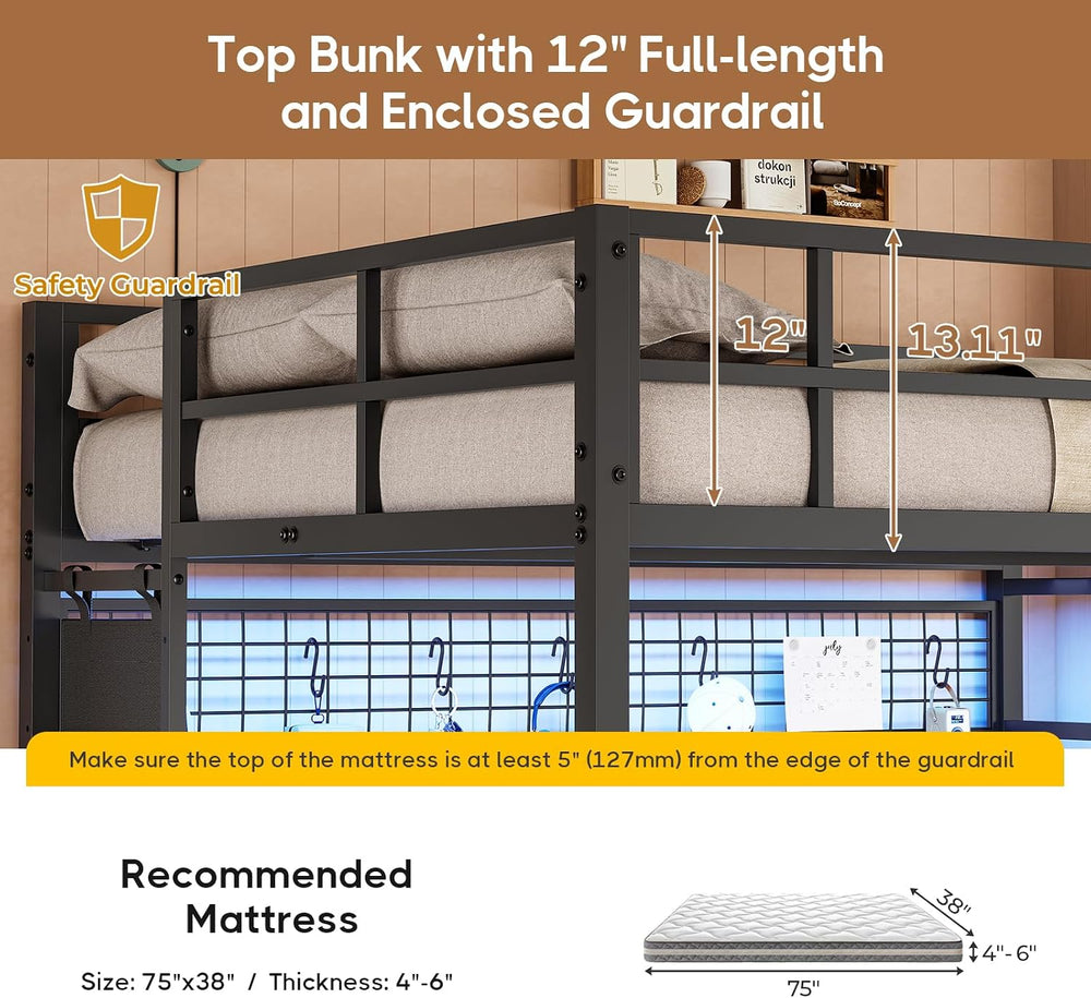 Bunk Bed Full Over Twin with Desk, Led Lights and Charging Station,Black