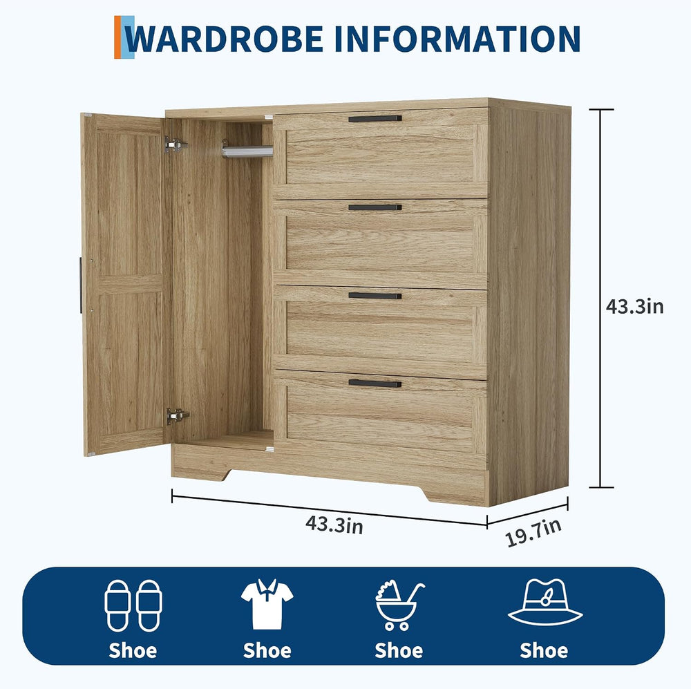 GarveeHome Wood Armoire Wardrobe Closet with 4 Drawers and Door, 43.3 in H Be...