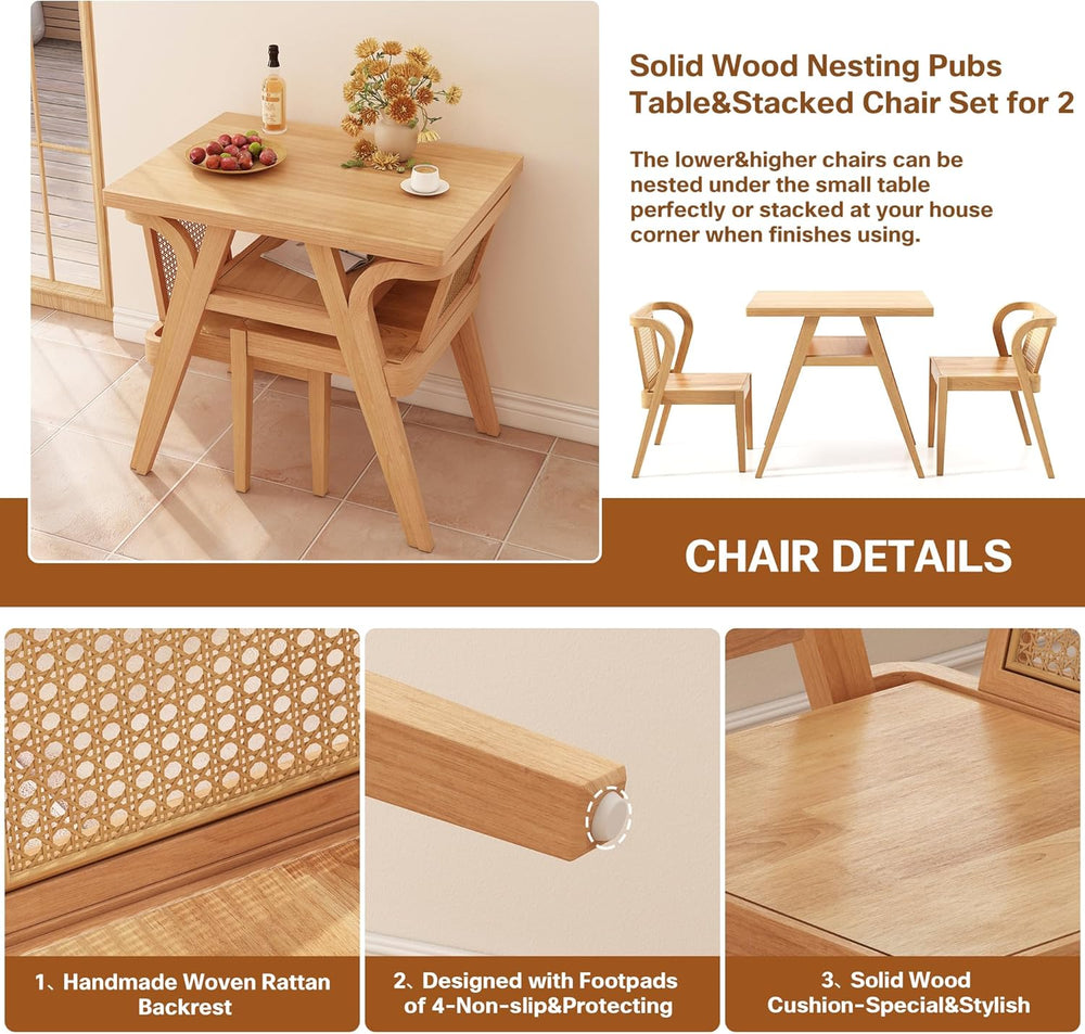 PADMA HOUSE Bistro Stacking Table Chair Set of 3, Wood Rattan Small Dining Ta...
