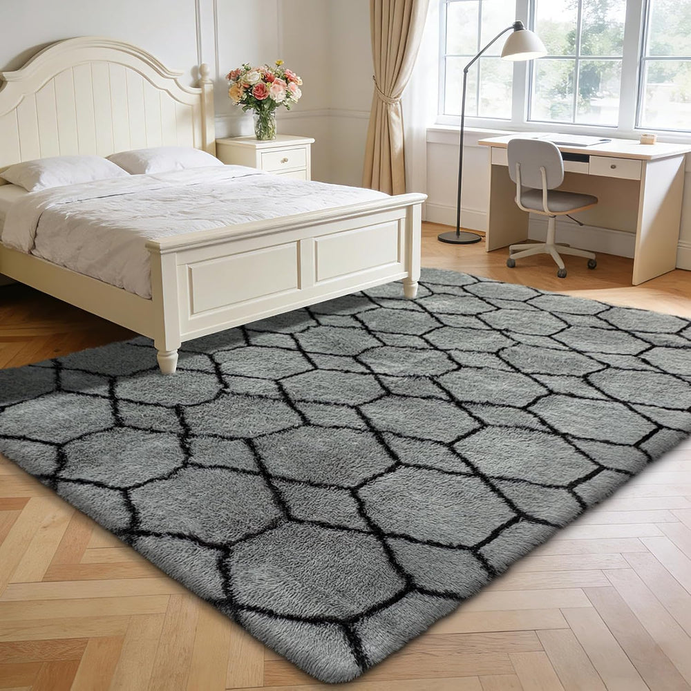 8x10 Fluffy Area Rugs for Living Room,Grey and Black Shag Rug for Bedroom