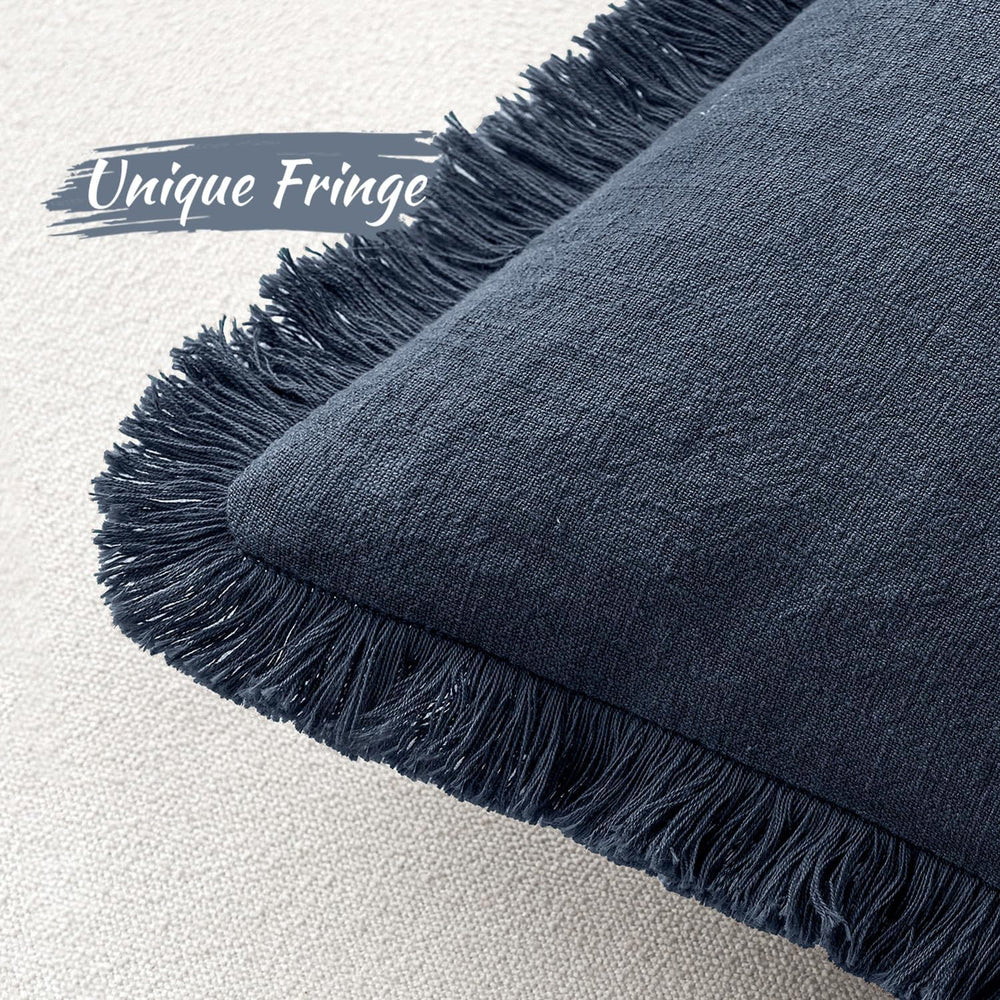 MIULEE Boho Linen Fringe Decorative Throw Pillow Covers Indigo Blue 18x18
