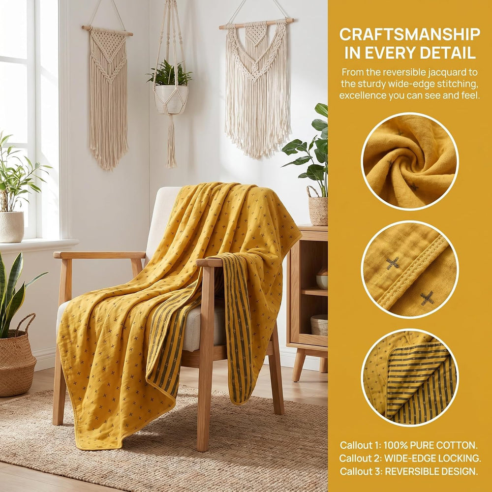 SANACYNA Cotton Muslin Blankets for Adults King 6-Layer Gauze Yellow