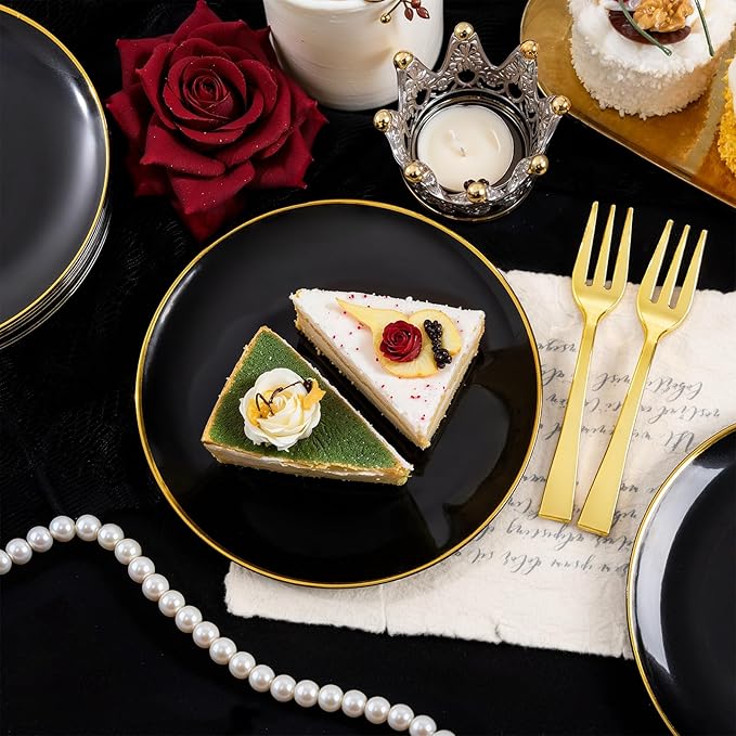 Festiva 200Pcs Black Gold Dessert Plates 6.3" with Plastic Forks 5"...