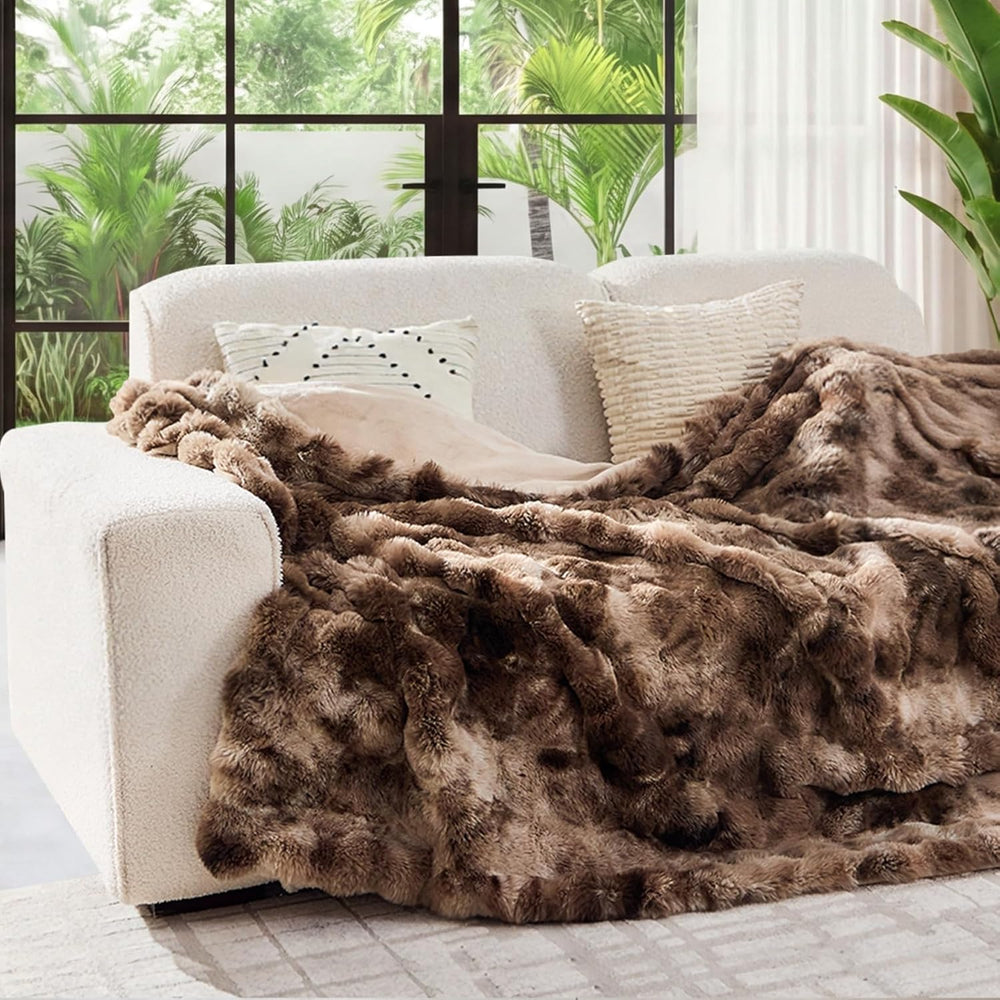 Lotus Karen Faux Fur Throw Blanket Tie-Dye Dark Coffee - Big Bubble Rabbit Fl...