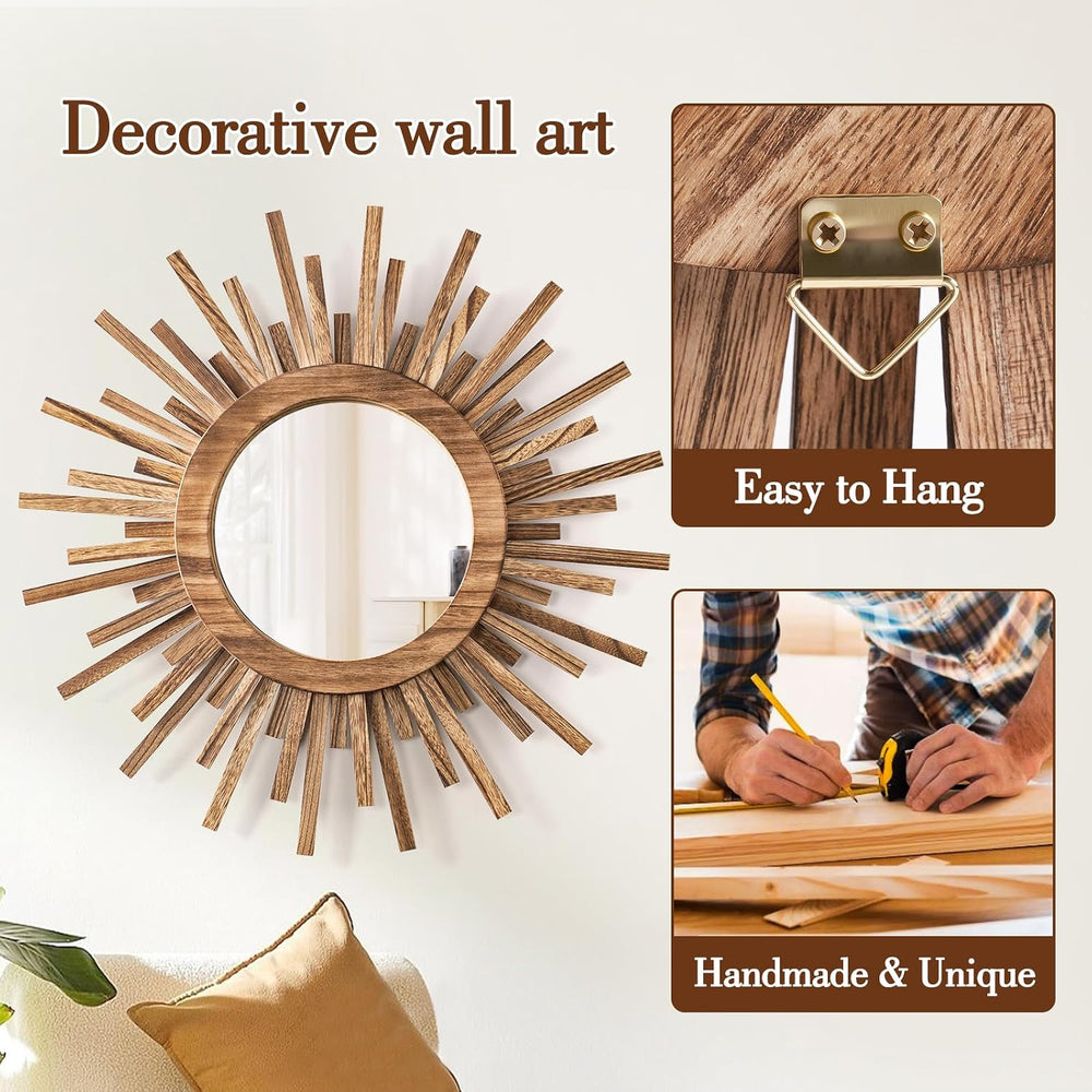 24 Inch Boho Sunburst Mirror, Round Wooden Wall Decor Starburst Sun Mirror fo...