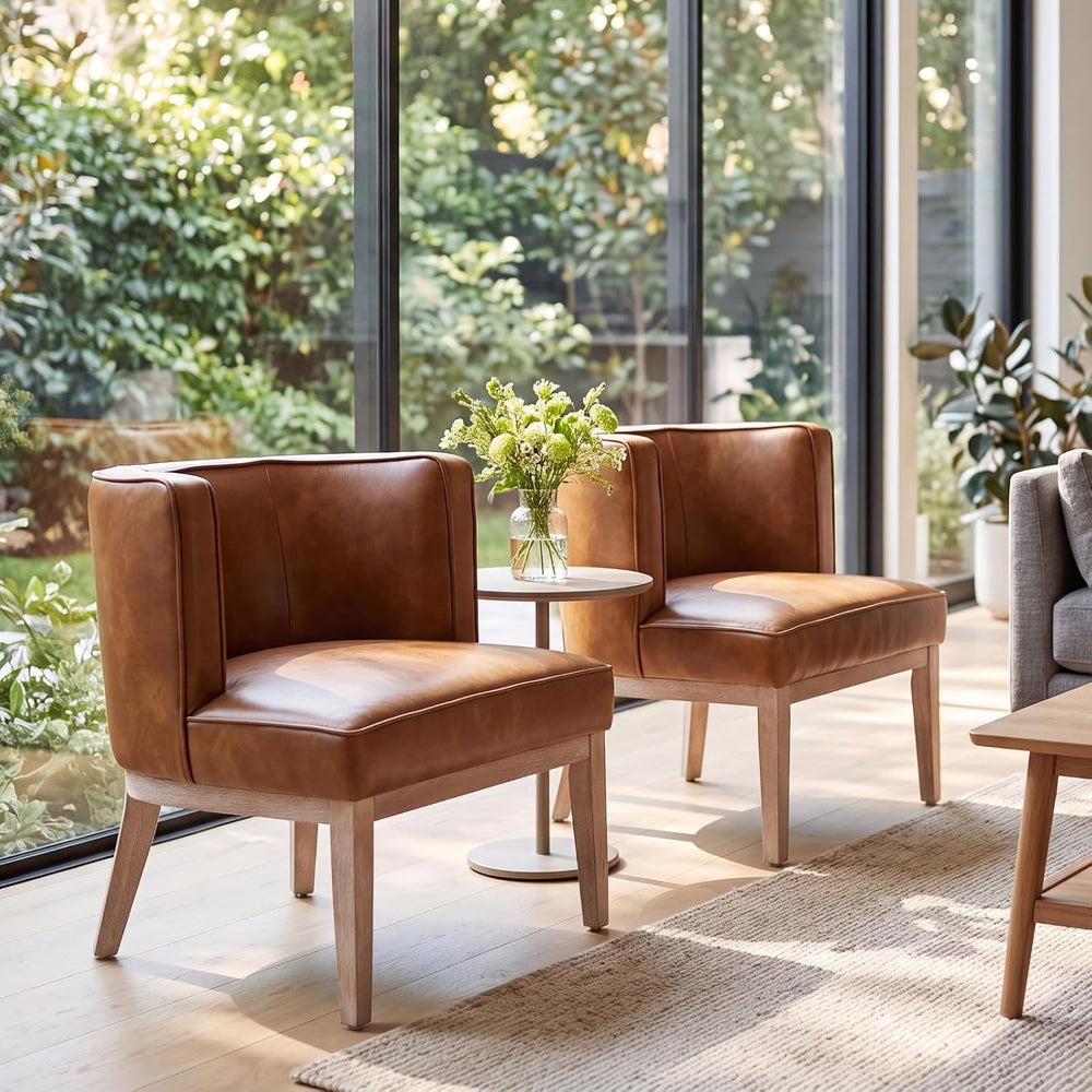 BESTANO Barrel Accent Chairs Set of 2, PU Leather Comfy Side Chairs, Brown