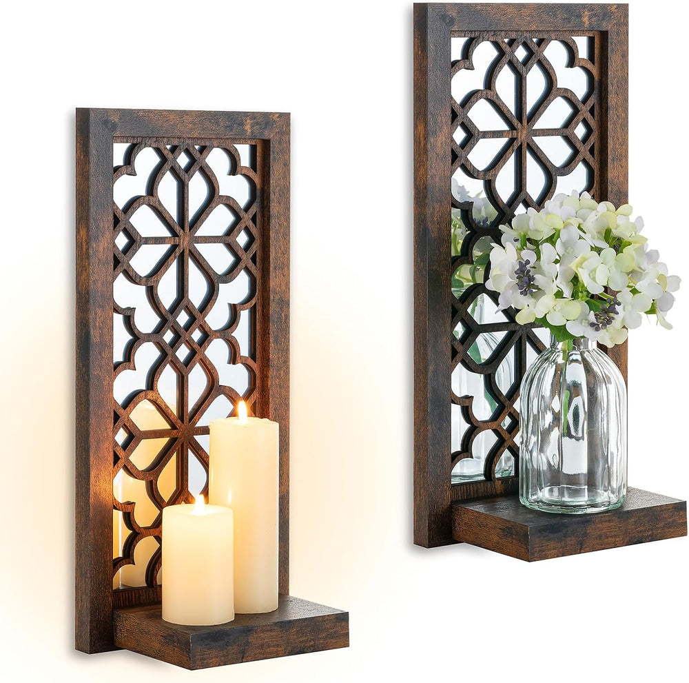 Wall Candle Holder Set of 2 with RealMirror, Distressed Brown