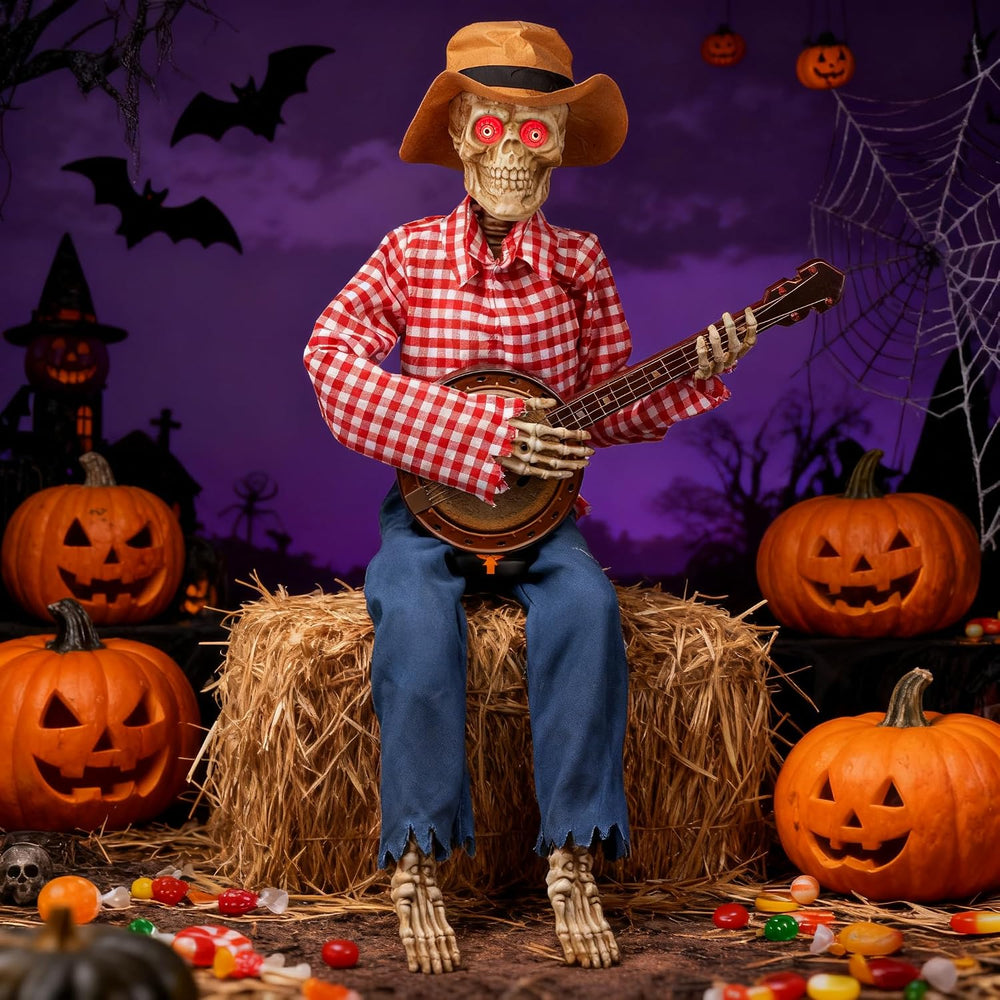 39" Halloween Animatronic Banjo-Playing Skeleton - Animated Scarecrow Co...
