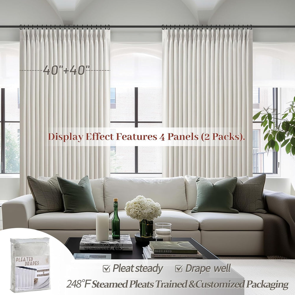 100% Blackout Linen 96 Inch Curtains 2 Panel Set for Bedroom, Modern Pinch Pl...