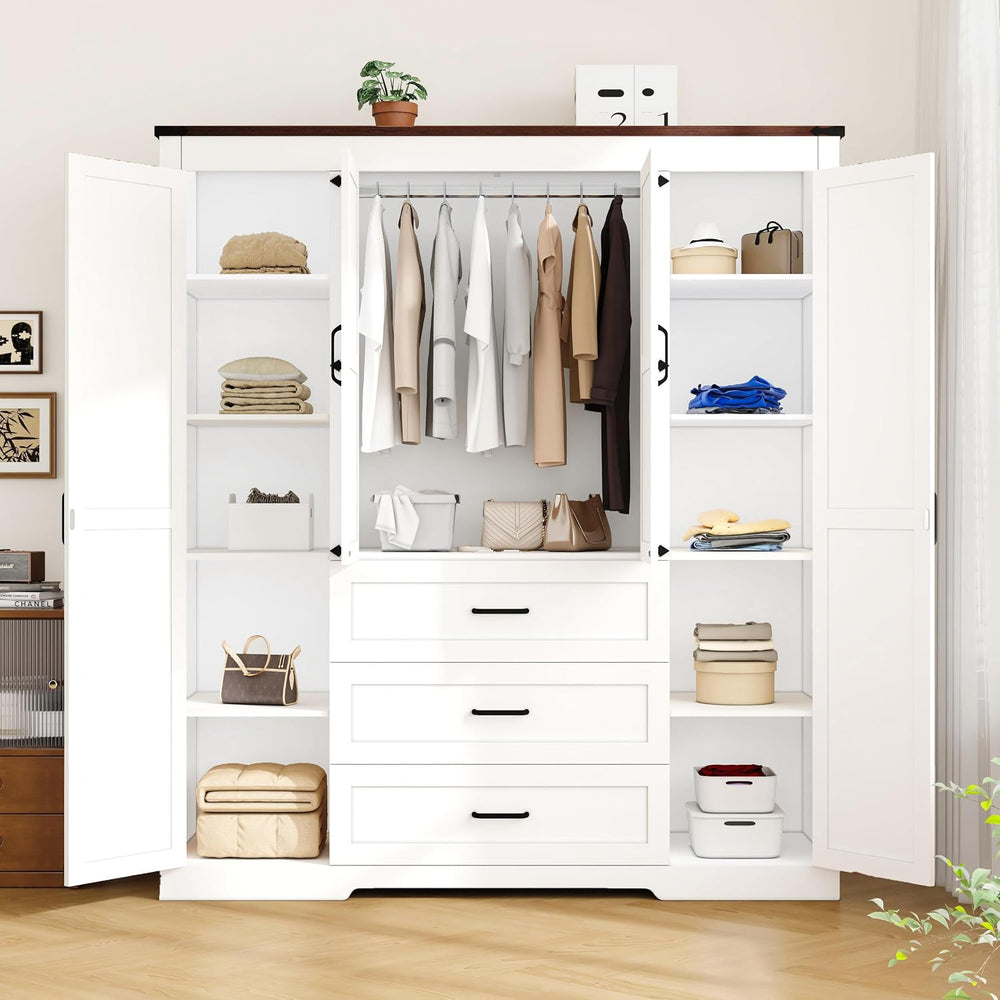 70" Tall Armoire Wardrobe Closet with 4 Doors & 3 Drawers, Farmhouse...