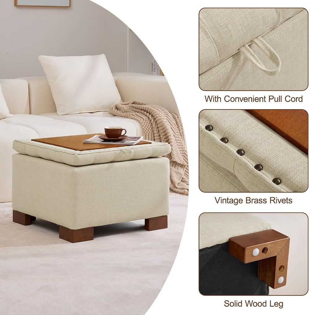 WUTUTUEE 24" Fabric Square Storage Ottoman with Wooden Tray, Modern Tuft...