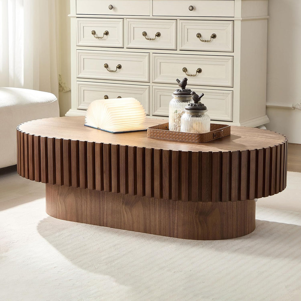 Oval Coffee Table for Living Room Fluted Coffee Table with Pedestal Modern Ha...