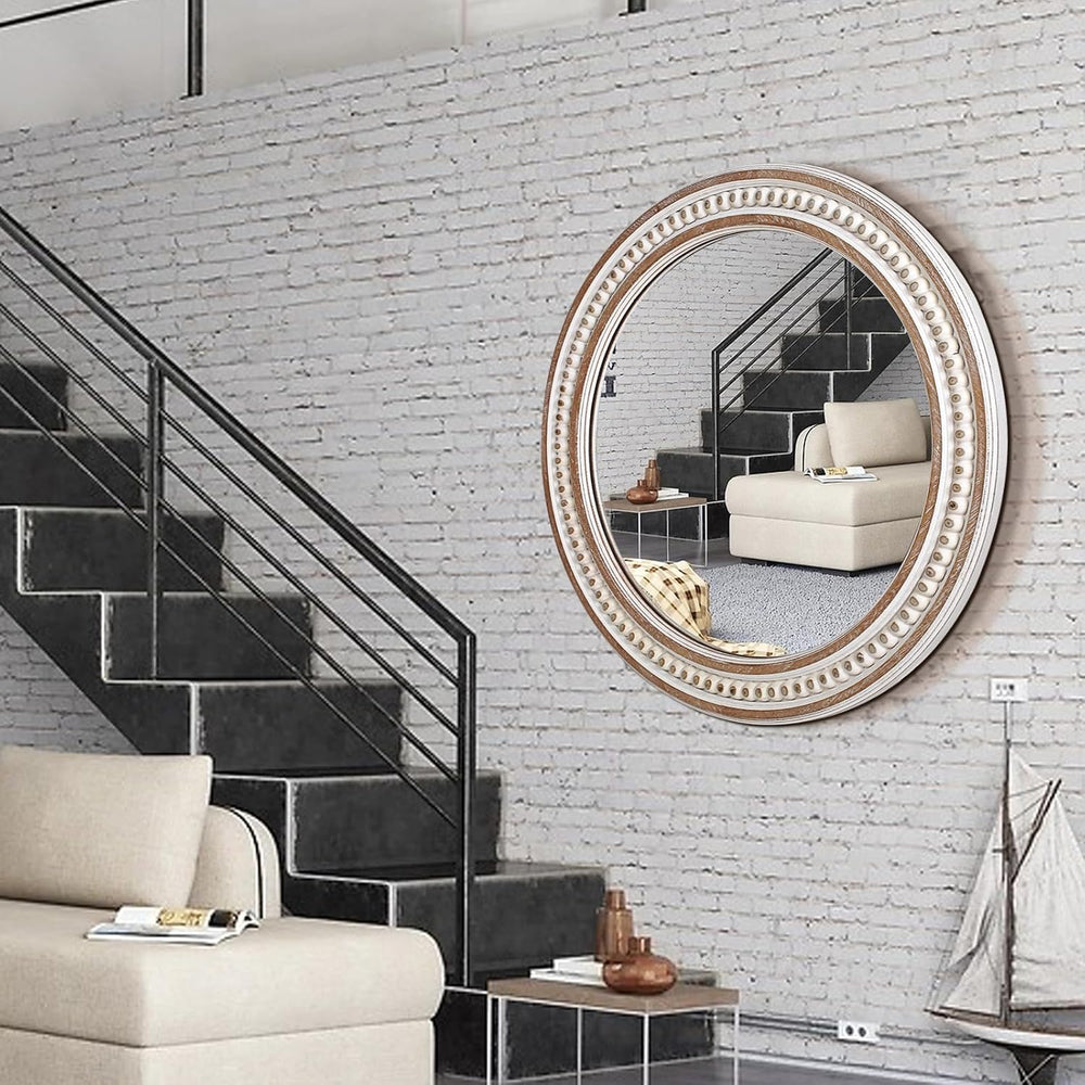 24 Inch Round Bathroom Mirror, Wooden Circular Mirrors for Wall Decor