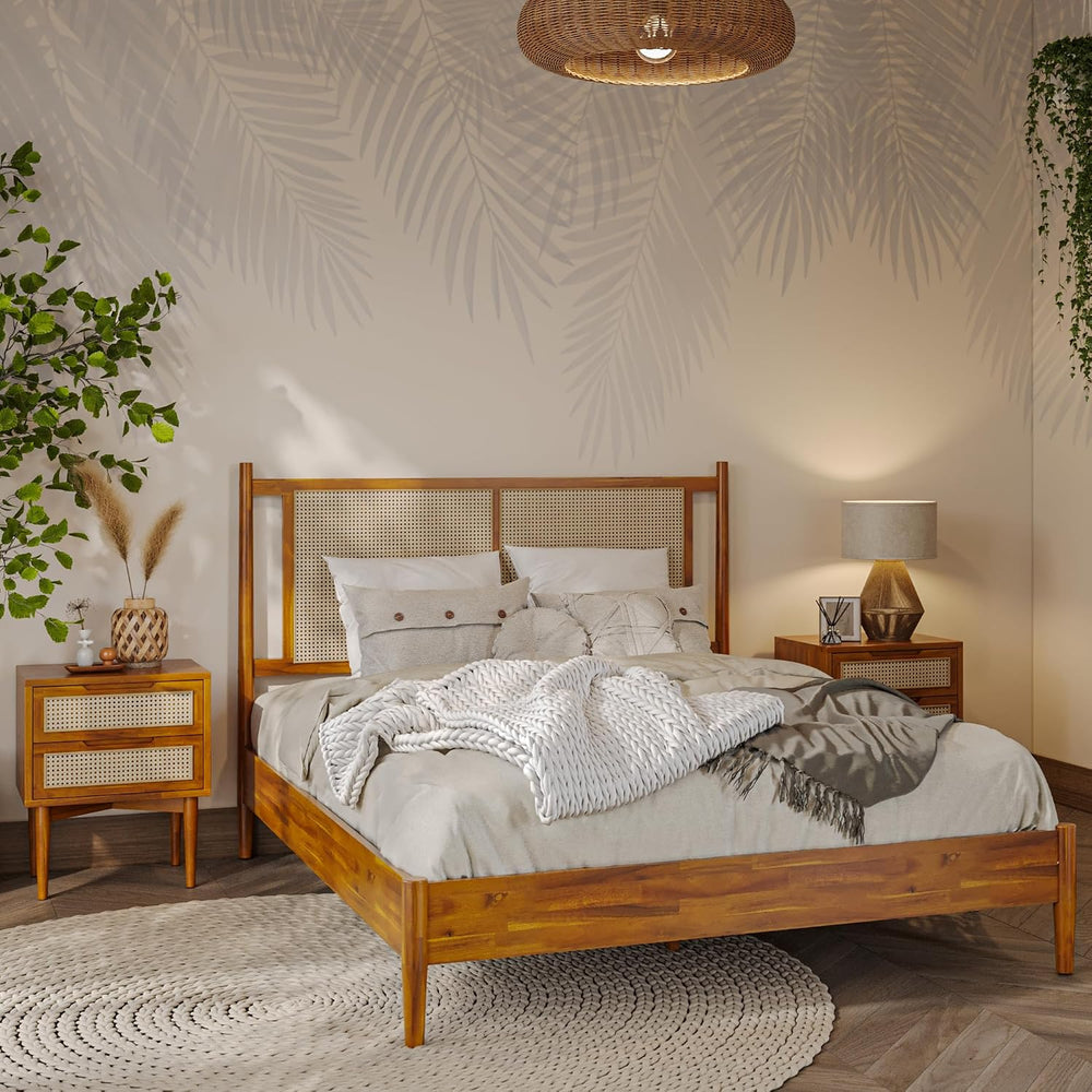 Bme Oliver 15-Inch Queen Bedframe with Rattan Headboard, Bohemian, Caramel