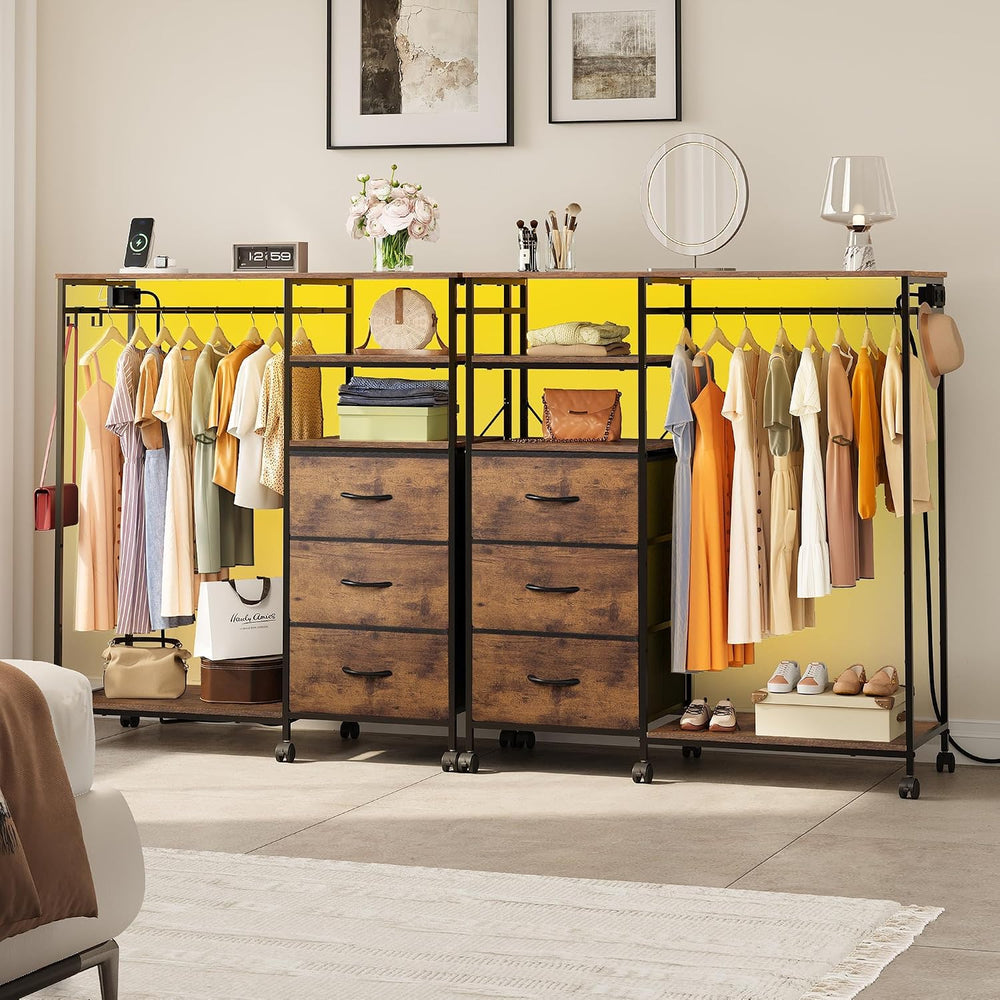 WLIVE LED Dresser for Bedroom, 3 Drawers with Hanging Rack, Rustic Brown