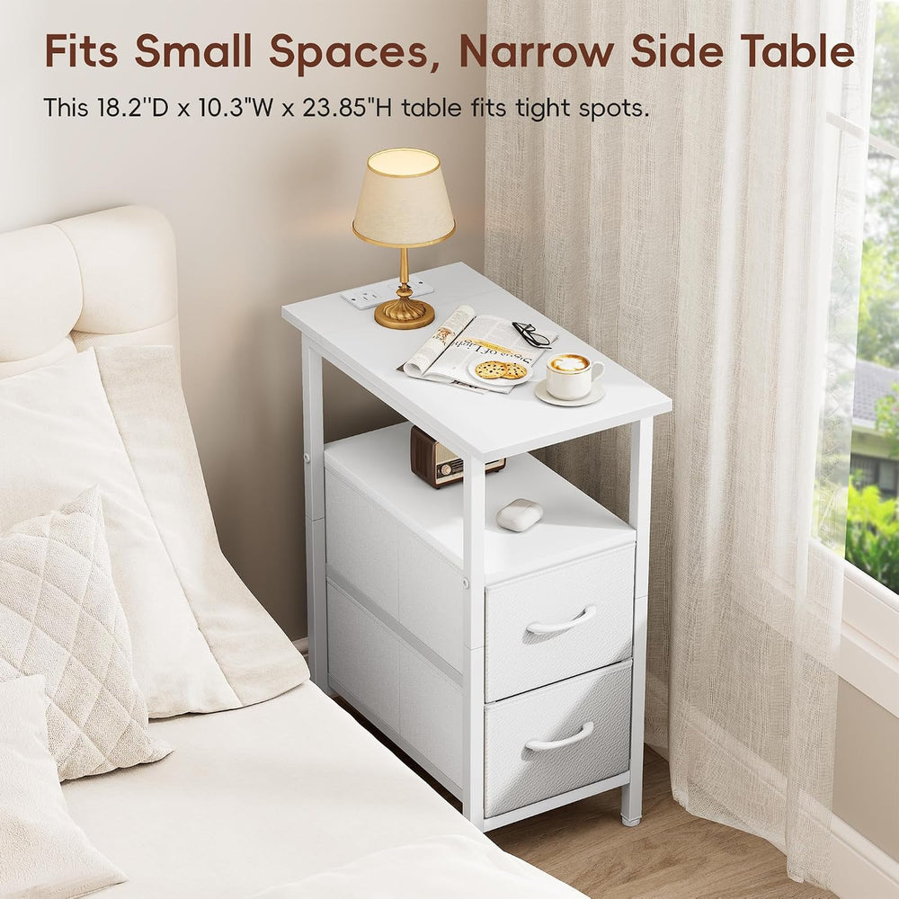 Vagusicc White Nightstand with Charging Station and LED Lights, Narrow Side T...