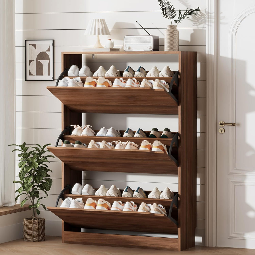 Xixini Shoe Storage Cabinet for Entryway with 3 Flip Drawers, Sturdy Wood Hid...