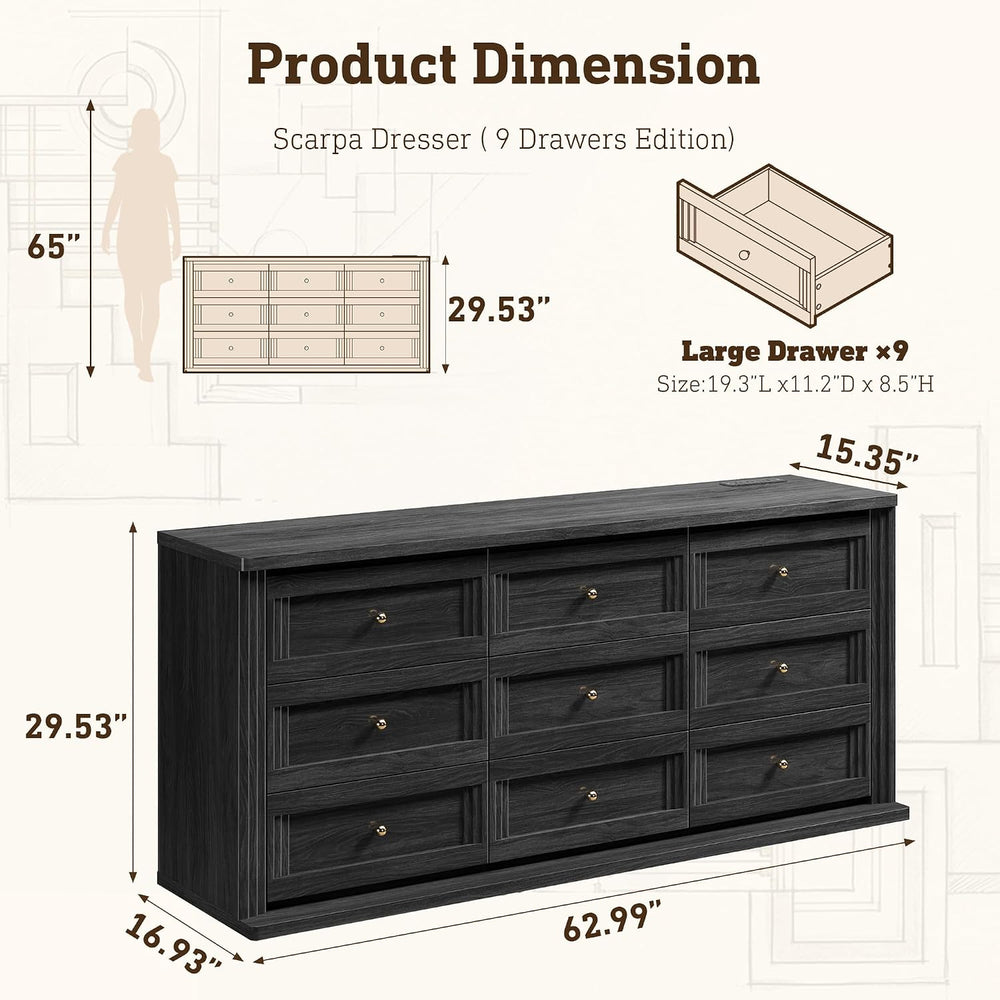 9 Drawer Dresser for Bedroom, 63โ Chest of Drawers with Charging Station