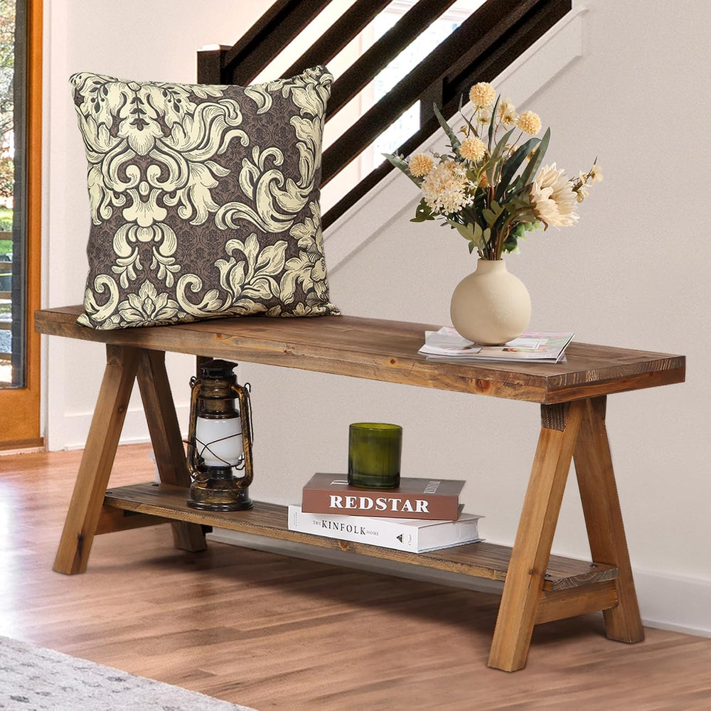Wnutrees 43" Farmhouse Solid Wood Bench, Rustic Indoor Storage Bench