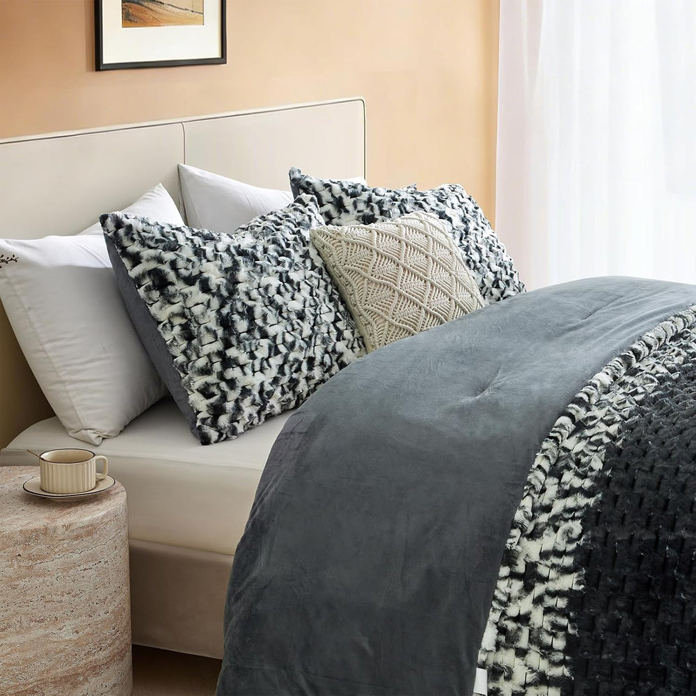 Petrichor Fluffy King Comforter Set - Black and White Striped Faux Fur Blanke...