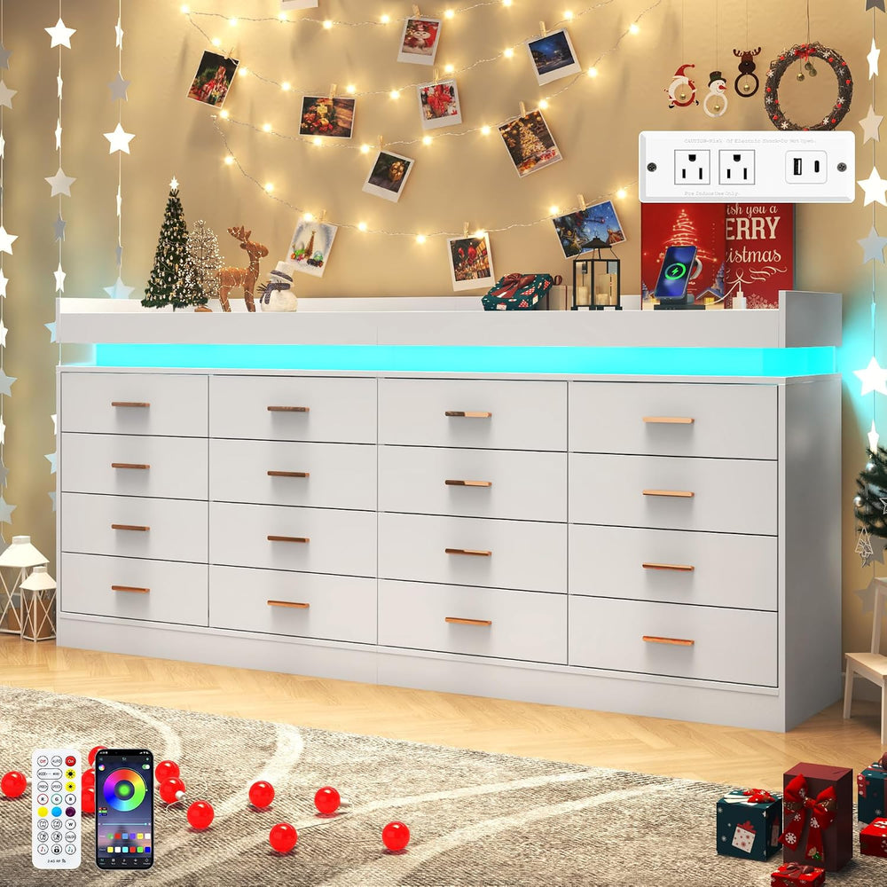 16 Drawer Dresser with LED Light and Charging Station, Modern Chest of Drawer...