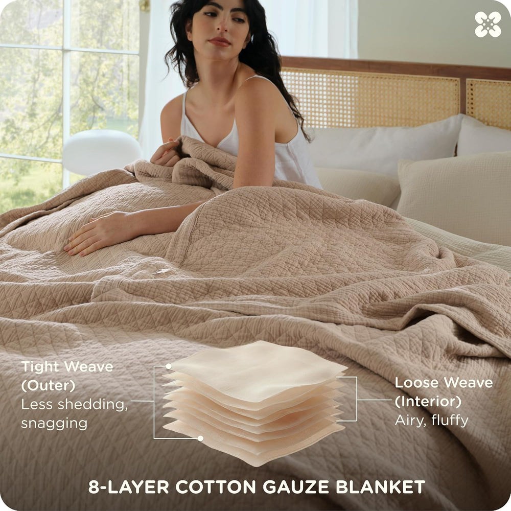 Bedsure PureWoven 100% Cotton Muslin Blanket 8-Layer, Queen, Taupe Brown