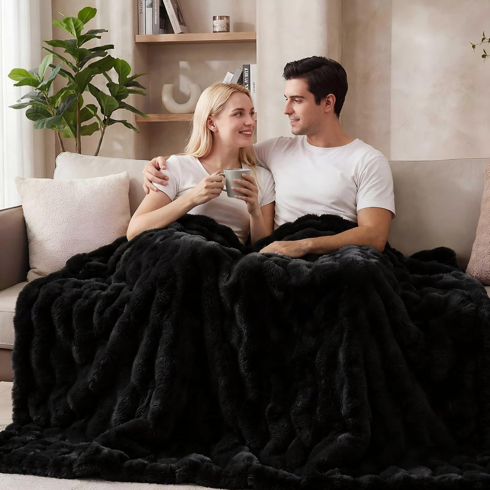 Black Fluffy Thick Fur Throw Blanket 50x60 for Bed Couch Office Chair Bunny S...