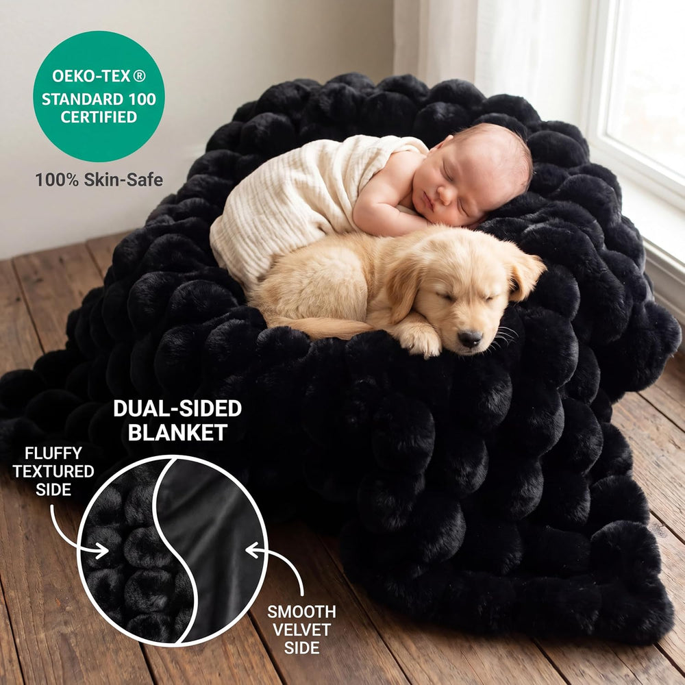 Soft Throw Blanket, 1000 GSM Faux Fur Bubble Blanket, Black 50x60