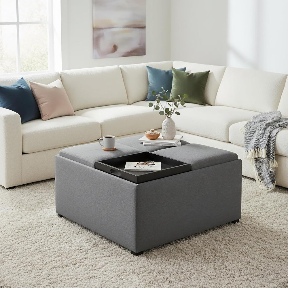 SIMPLIHOME Avalon Wide Contemporary Square Coffee Table Storage Ottoman, Flin...