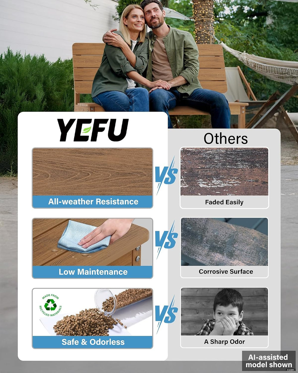 YEFU Convertible Bench Picnic Table, 2-in-1 Foldable Outdoor Bench, Teak