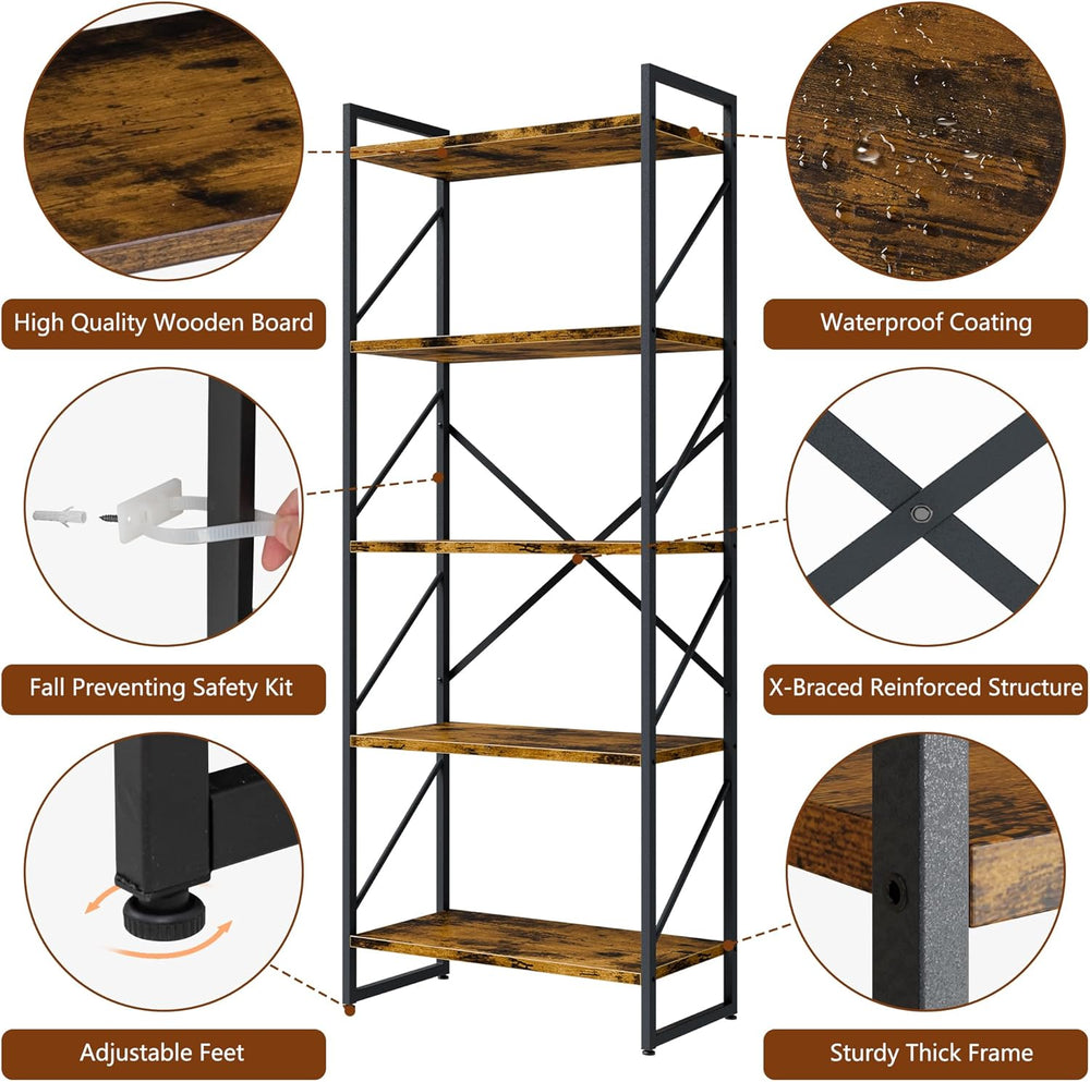 Shintenchi 5 Tiers Bookshelf, Classically Tall Bookcase Shelf, Industrial Boo...
