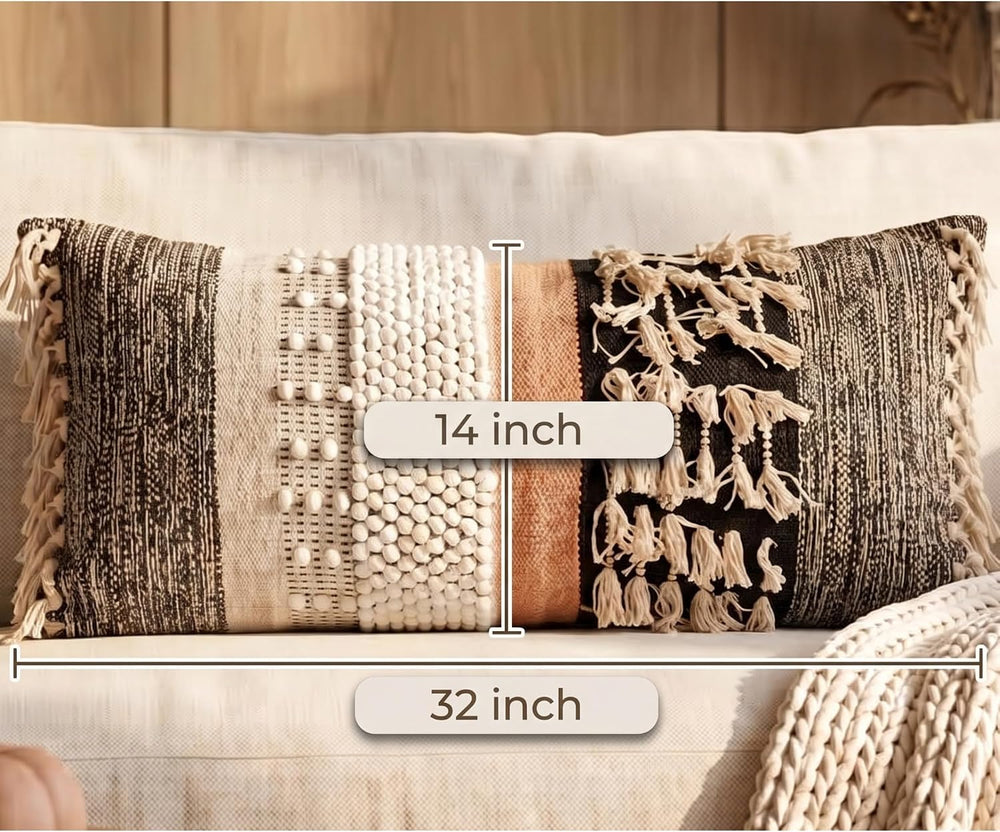 Boho Lumbar Pillow Cover 14x32, Handwoven Textured Cotton Long Throw Pillow C...
