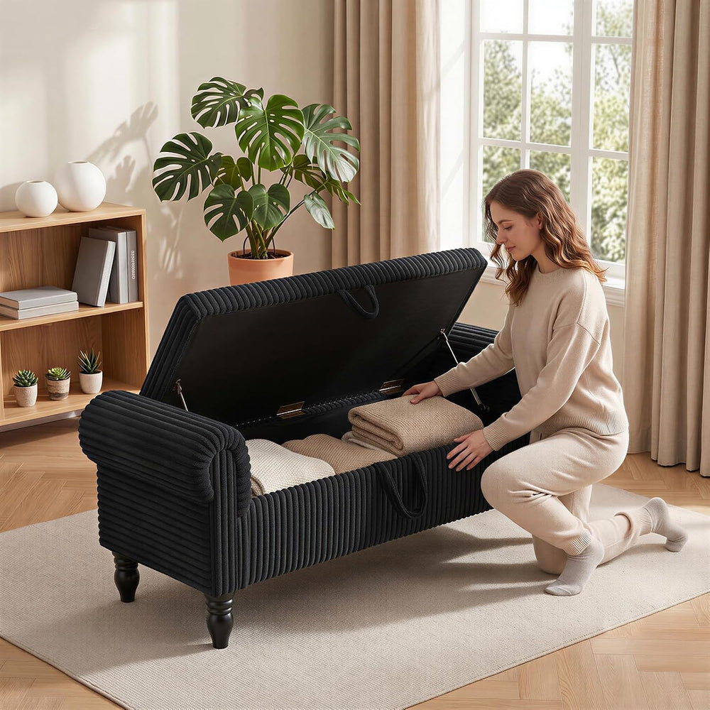 55" Storage Ottoman Bench, Corduroy End of Bed Bench for Bedroom, Black