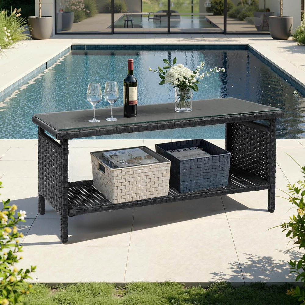 VINGLI Outdoor Wicker CoffeeTable Patio Coffee Tables for Outside, Tempered G...