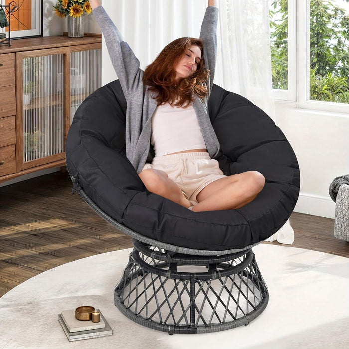 KROFEM 40" Ergonomic Wicker Papasan Chair, Grey Frame with Black Cushion