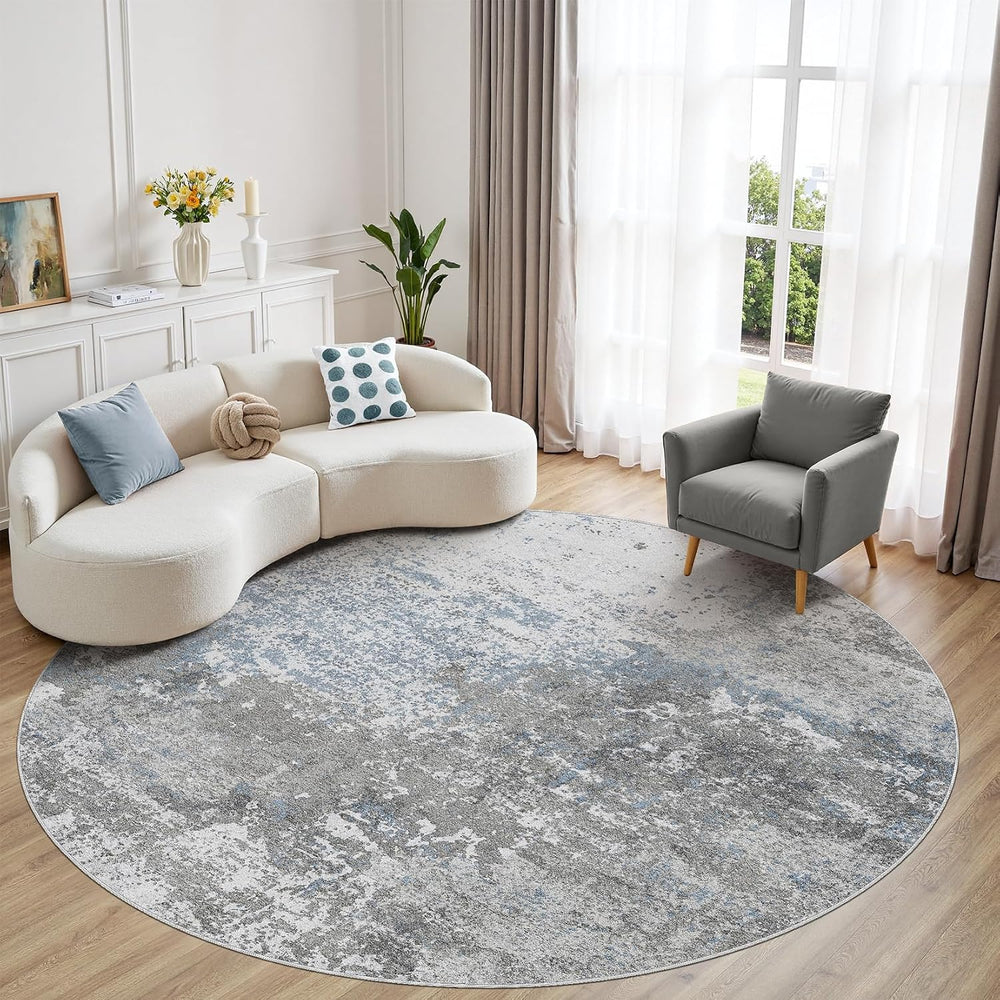 Area Rug Living Room-6X6 Abstract Washable Rug Grey Blue