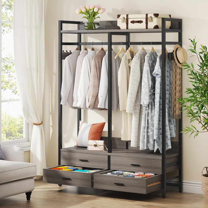 Tribesigns Freestanding Closet Organizer, Garment Rack with 4 Drawers, Gray