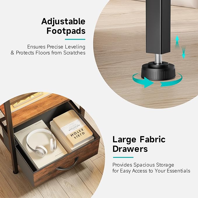 Night Stand Bedside Table Bedroom - Tall Nightstand with Charging Station &am...