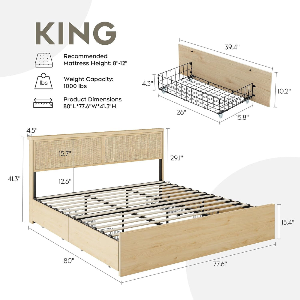 King Bed Frame with Natural Rattan Headboard and Wooden 4 Storage Drawers, Li...