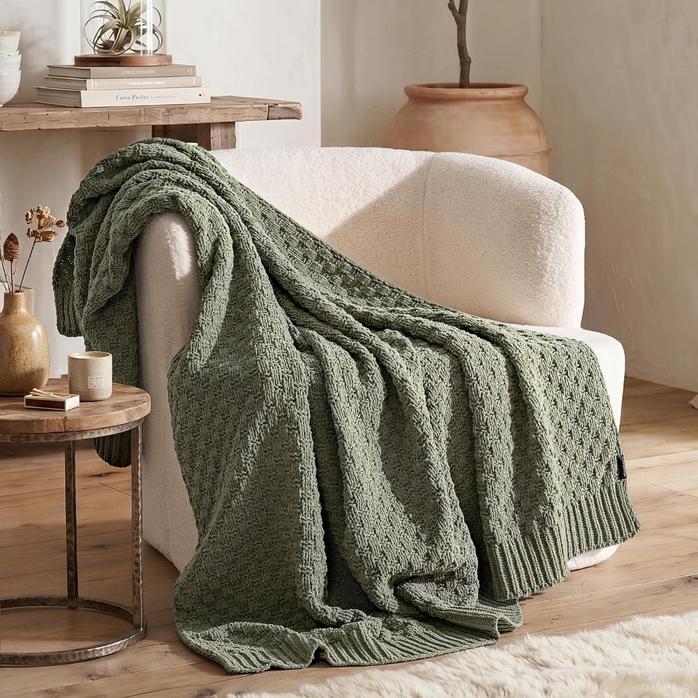 EVERGRACEHOME Chunky Chenille Knit Throw Blanket, Dried Thyme Green, 60x80