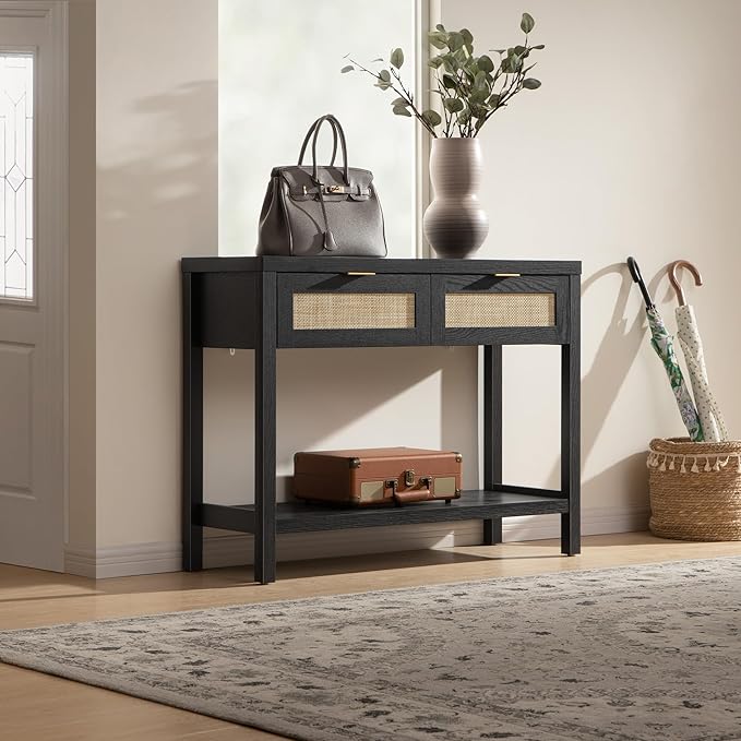 SICOTAS Black Console Table with Rattan Drawers - Boho Rattan Entryway Table ...