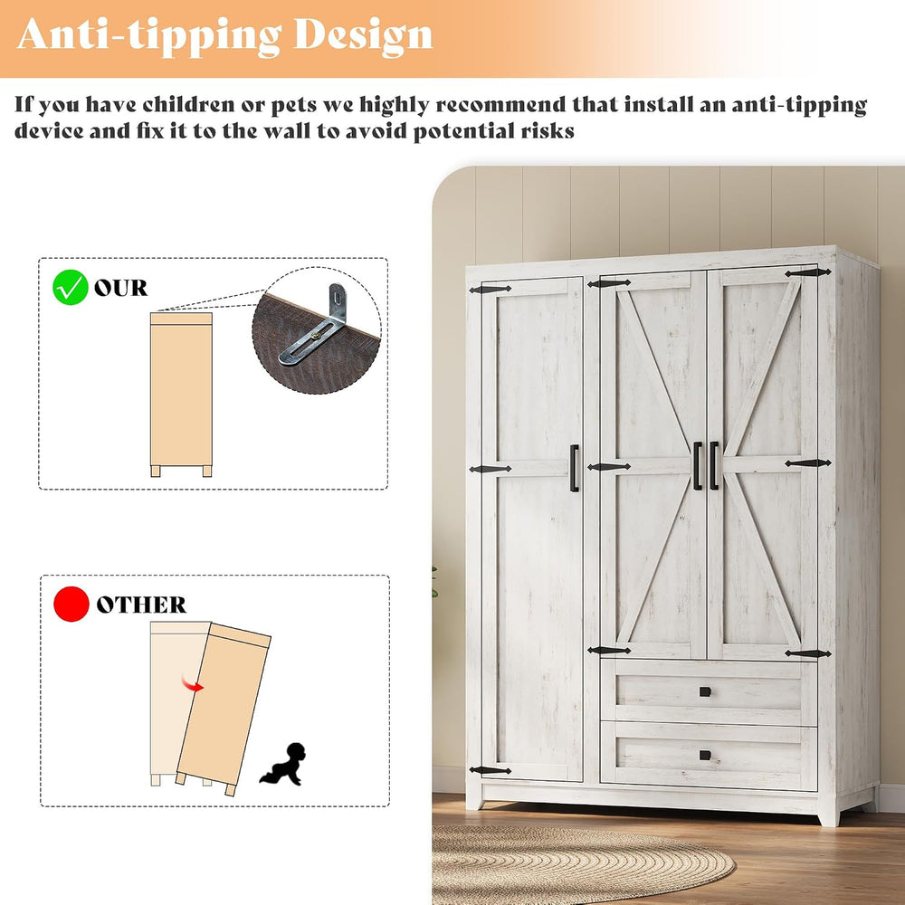 AMERLIFE Farmhouse 3 Door Wardrobe Closet with 2 Drawers & Hanging Rod