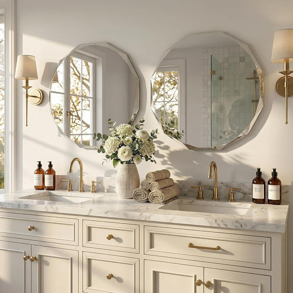 24" Round Frameless Beveled Mirror, Diamond Cut Edge Wall Mirror for Bat...