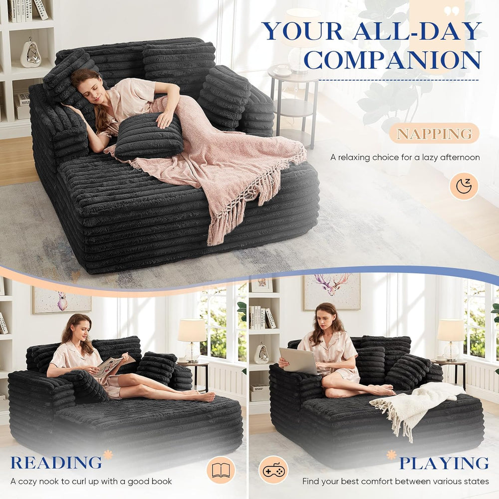Oversized Chaise Lounge Indoor, Modern Plush Faux Fur Fabric Deep Seat Bonele...