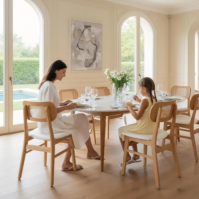 Rattan Dining Chairs Set of 4 White Faux Leather Dining Room Chairs Natural W...