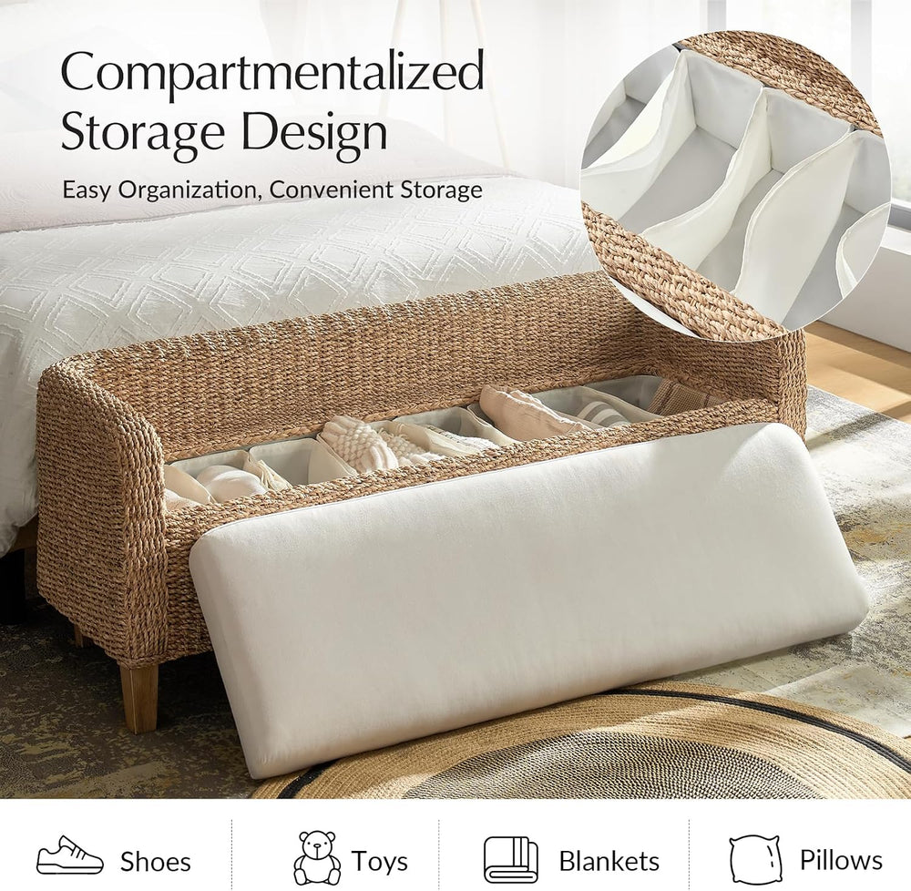 HULALA HOME 57" Rattan Storage Bench, Boho Wicker Bedroom Bench, Natural