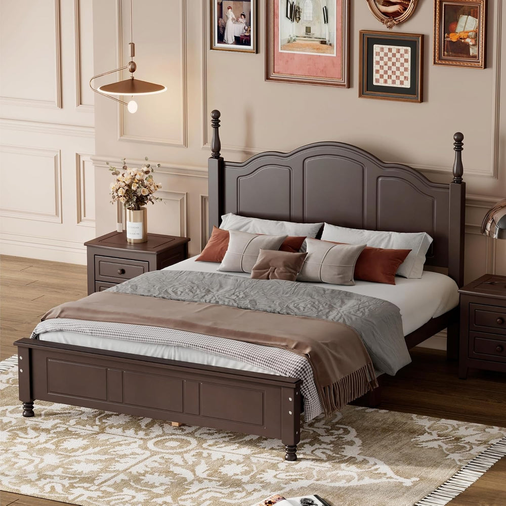 Dark Walnut Wood Bed Frame Full Size with Wave Shaped Headboard