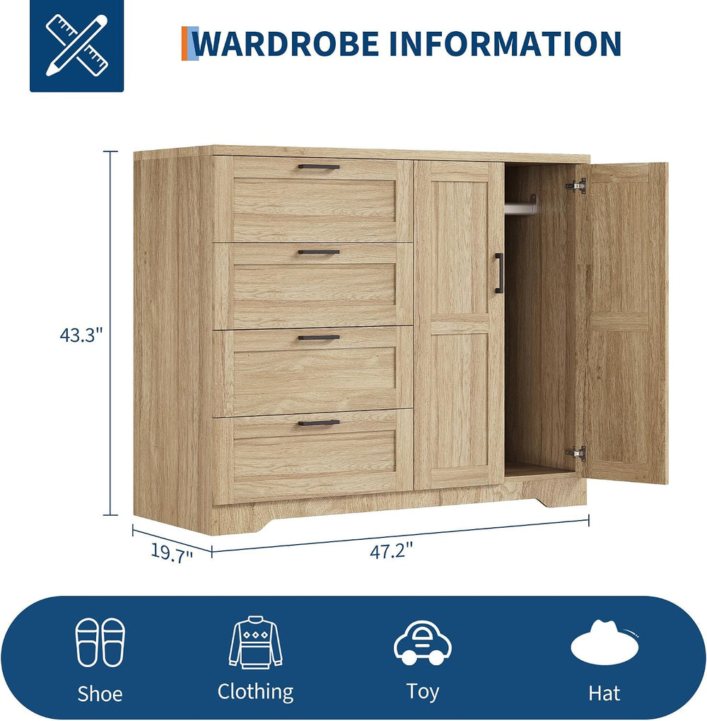 IDEALHOUSE 43.3'' H Armoire Wardrobe Closet with 4 Drawers, Wooden Dr...