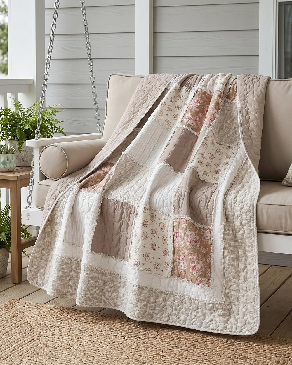 Soul & Lane - Taupe Bloom Beige Cotton Quilted Throw Blanket, 50" x ...